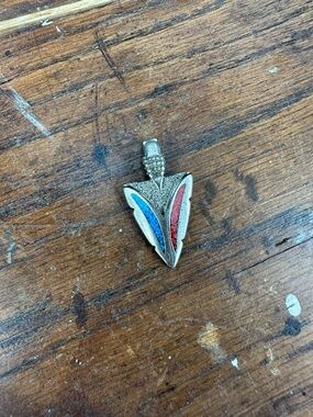 Vintage Southwest Turquoise and Coral Inlay Arrowhead Pendant